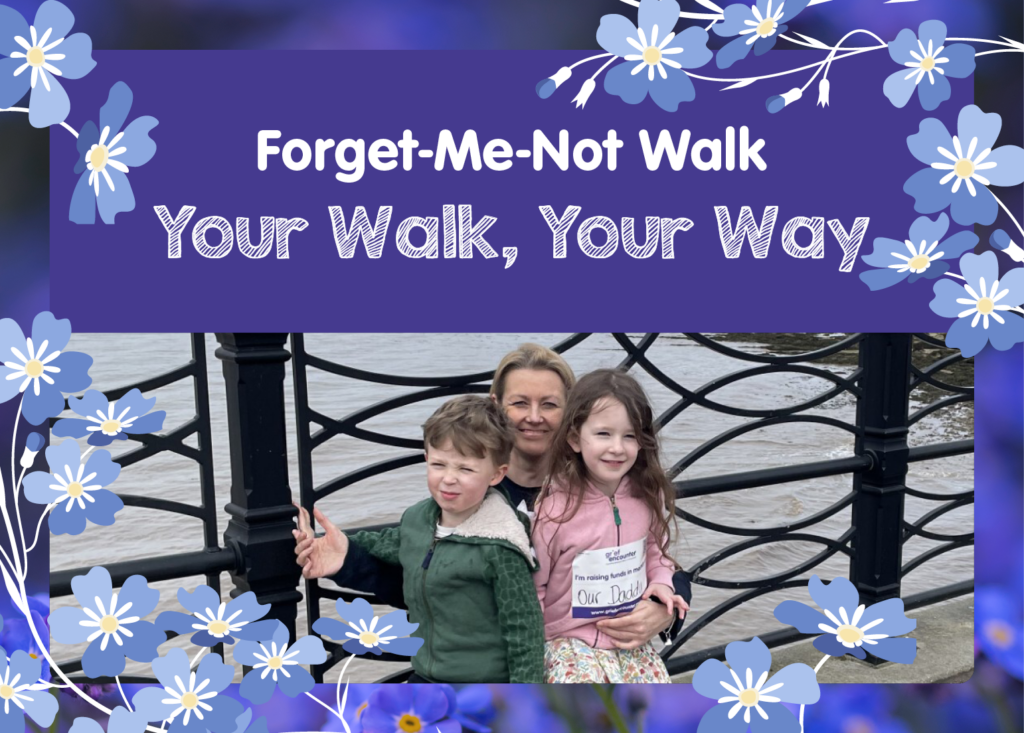 A woman and two children pose by a riverside railing, surrounded by a graphic border with blue forget-me-not flowers and text reading 